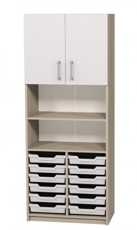 Шафа для предметних кабінетів, напівзакрита, АНШАР ГРУП (7705), 702х405х2115 мм, з 12-ма пластиковими лотками розміру 312х377х75 мм